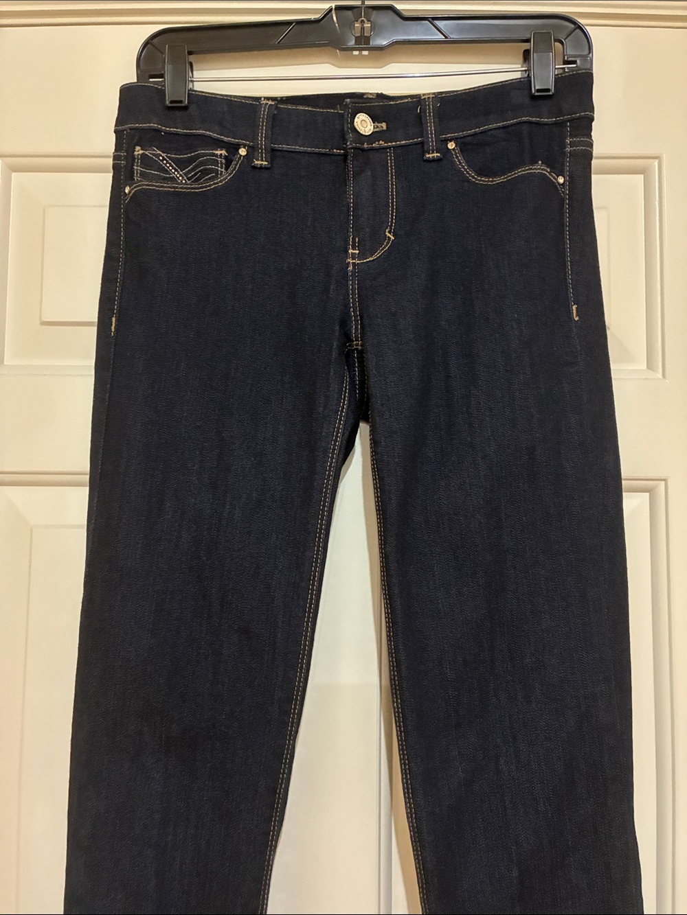 WHBM slim leg, rhinestone pocket jeans